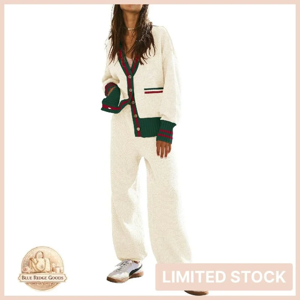 Oversized V-Neck Cardigan Set Cozy Knit Loungewear Matching Pants Y2K